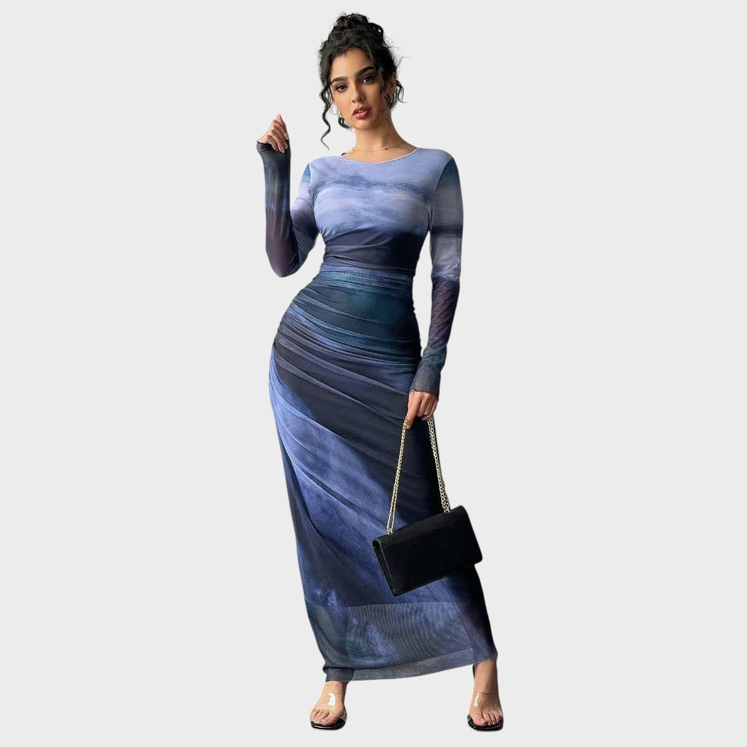 Amélia - Vestido maxi justo com mangas compridas